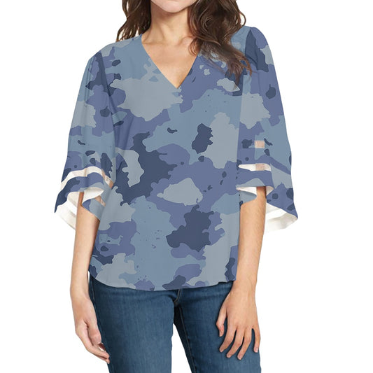 Blue Camo Women Puff Sleeve Blouse white