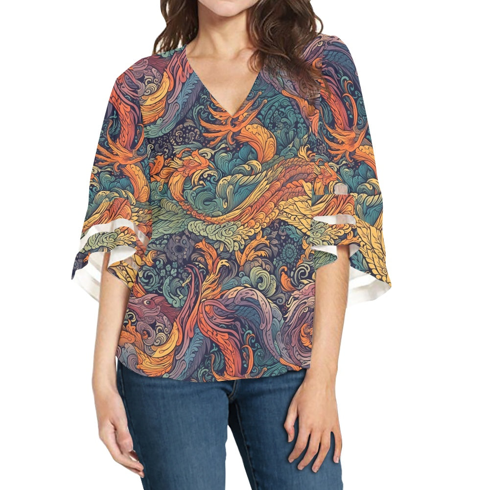 Dragon and Phoenix Women Puff Sleeve Blouse white