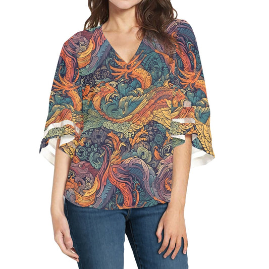 Dragon and Phoenix Women Puff Sleeve Blouse white