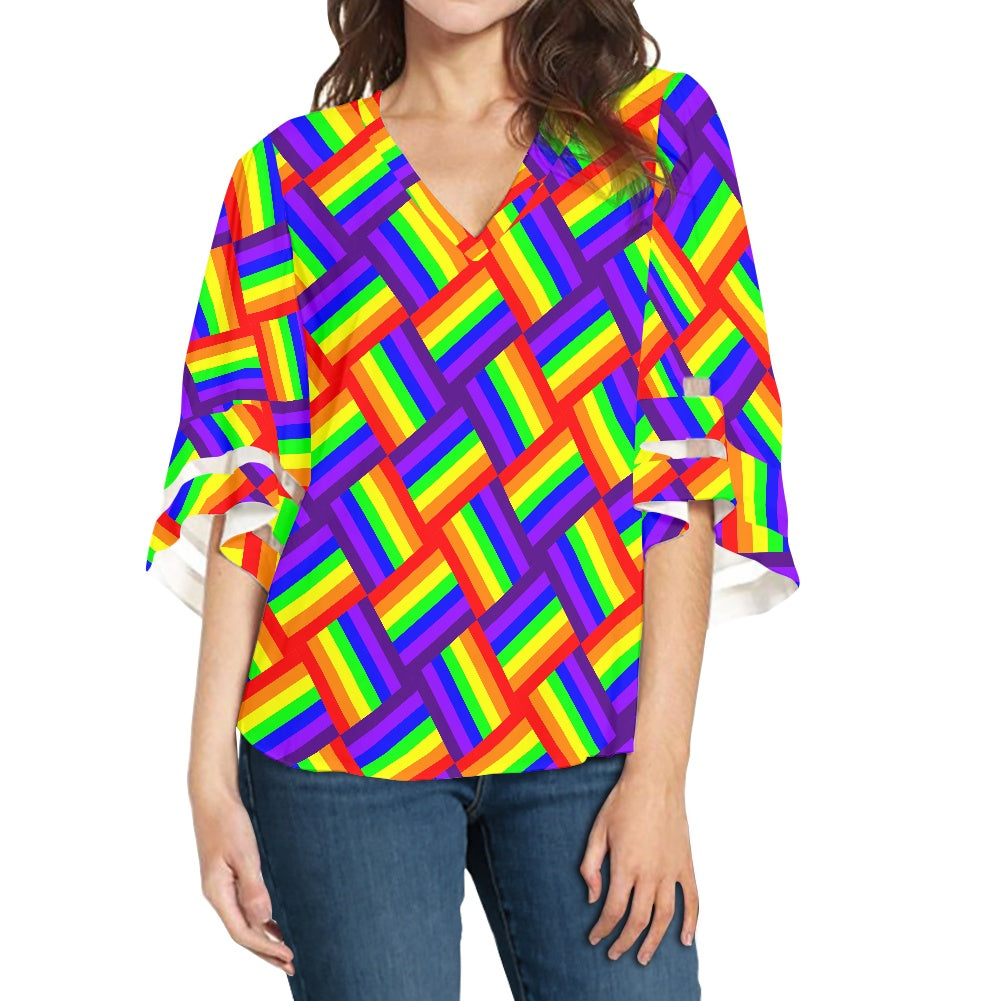 Rainbow Weave Women Puff Sleeve Blouse white