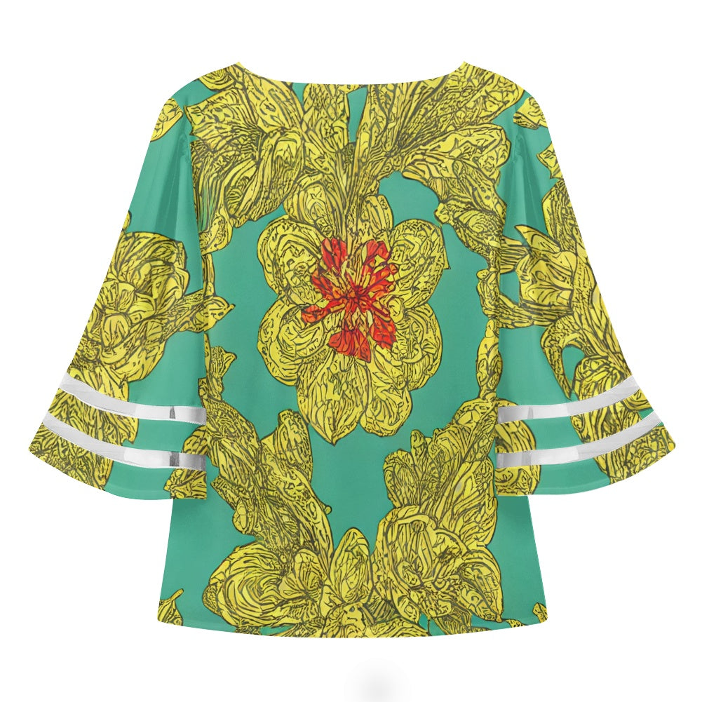 Green and Gold Women Puff Sleeve Blouse