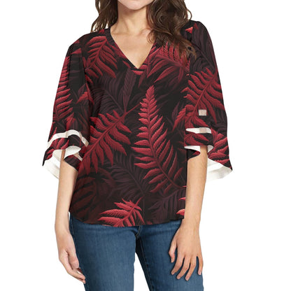 Women's Red Fern Print Long Sleeve Blouse, Elegant Puff Sleeve Chiffon Shirt, Comfortable Wear-Resistant Top