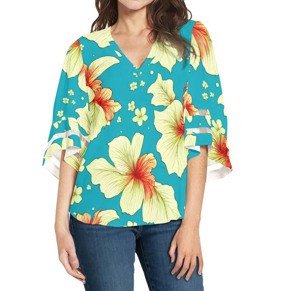 Vintage Tropical Women Puff Sleeve Blouse white