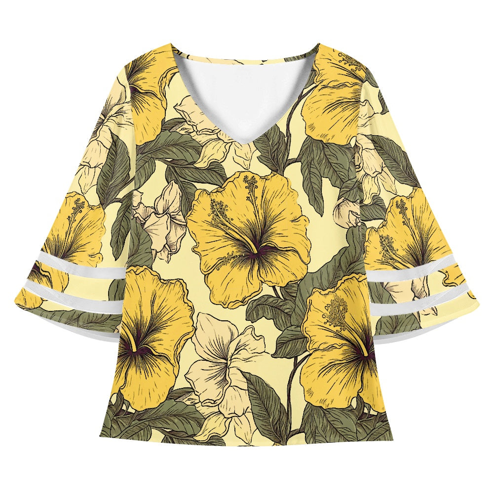Yellow Hibiscus Women Puff Sleeve Blouse