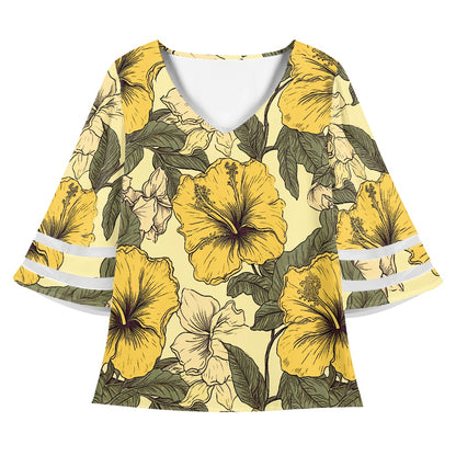 Yellow Hibiscus Women Puff Sleeve Blouse