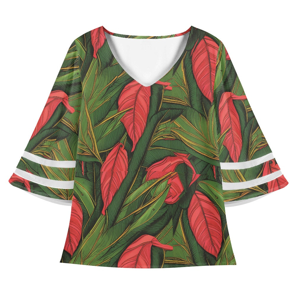Tropical Leaves Women Puff Sleeve Blouse