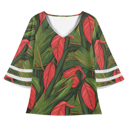 Tropical Leaves Women Puff Sleeve Blouse