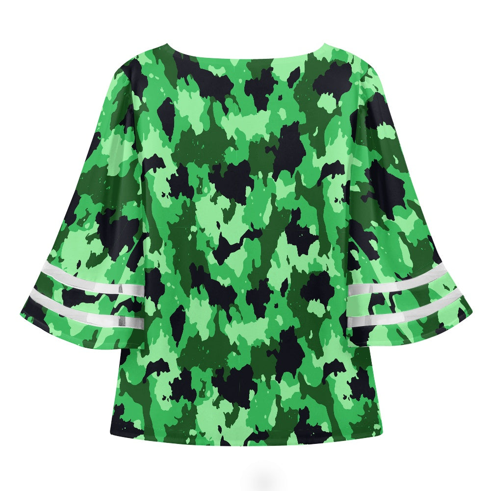 Green Camo Women Puff Sleeve Blouse