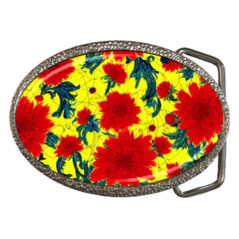 Red Flowers on Yellow Belt Buckle