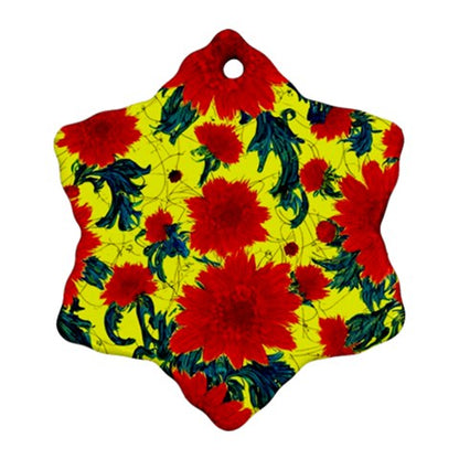 Red Flowers on Yellow Snowflake Ornament (Two Sides)