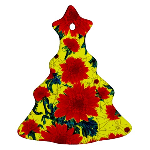 Red Flowers on Yellow Christmas Tree Ornament (Two Sides)