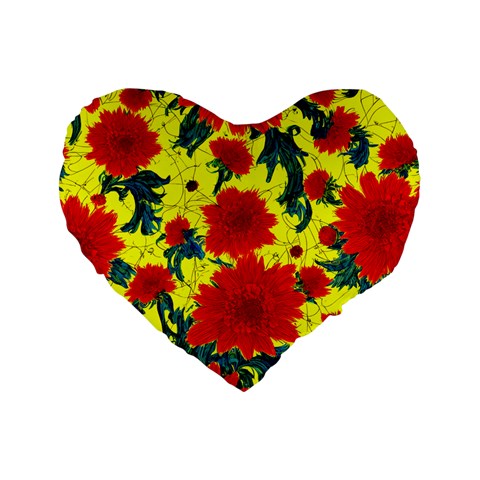 Red Flowers on Yellow Standard 16" Premium Flano Heart Shape Cushion