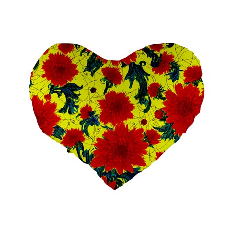 Red Flowers on Yellow Standard 16" Premium Flano Heart Shape Cushion