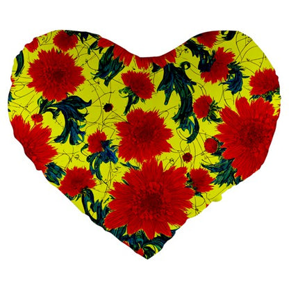 Red Flowers on Yellow Large 19" Premium Flano Heart Shape Cushion