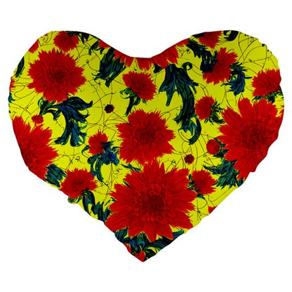 Red Flowers on Yellow Large 19" Premium Flano Heart Shape Cushion