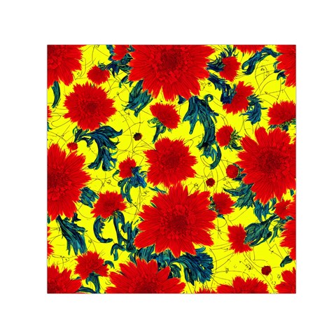 Red Flowers on Yellow Square Satin Scarf (30" x 30")