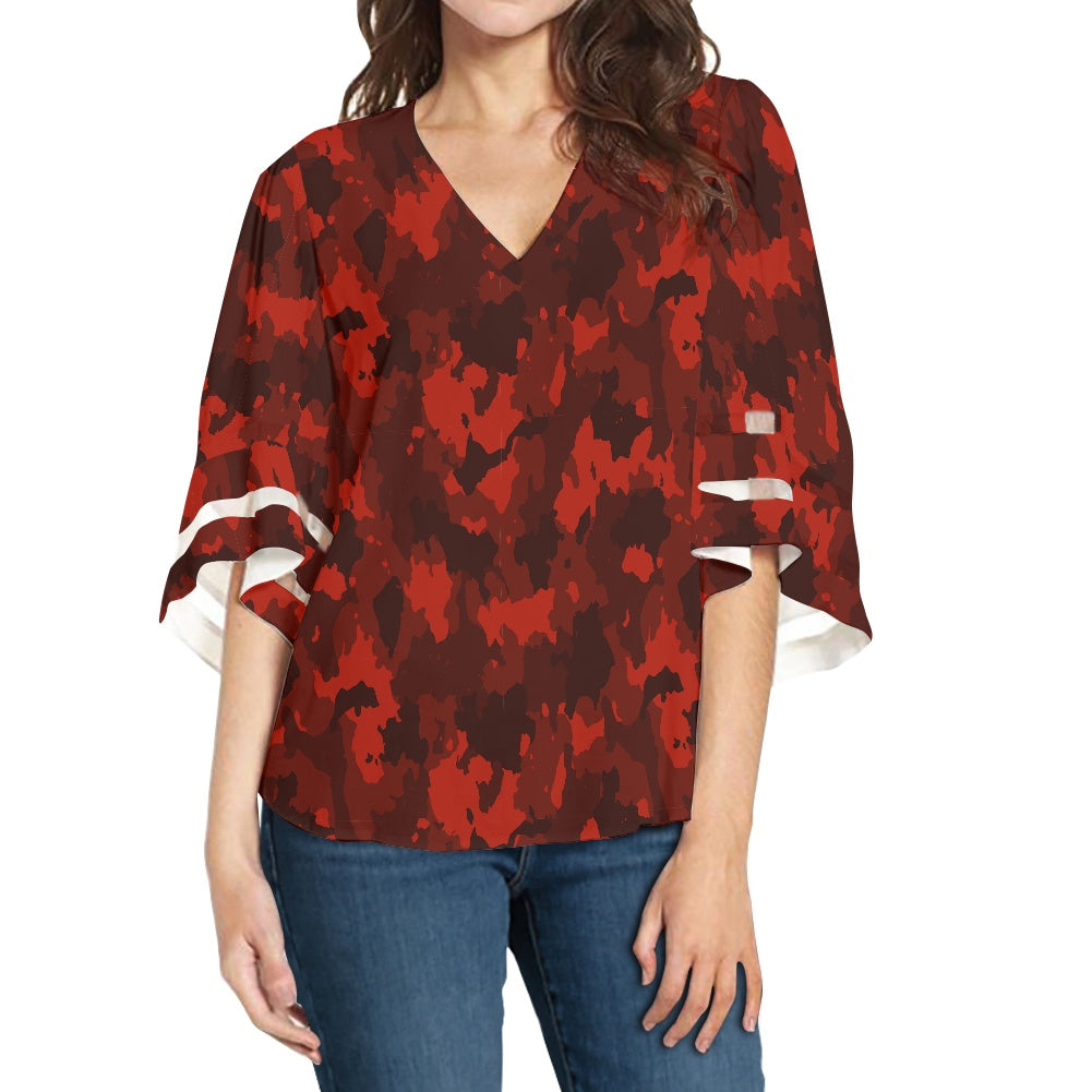 Red Camo Women Puff Sleeve Blouse white