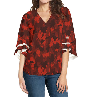 Red Camo Women Puff Sleeve Blouse white