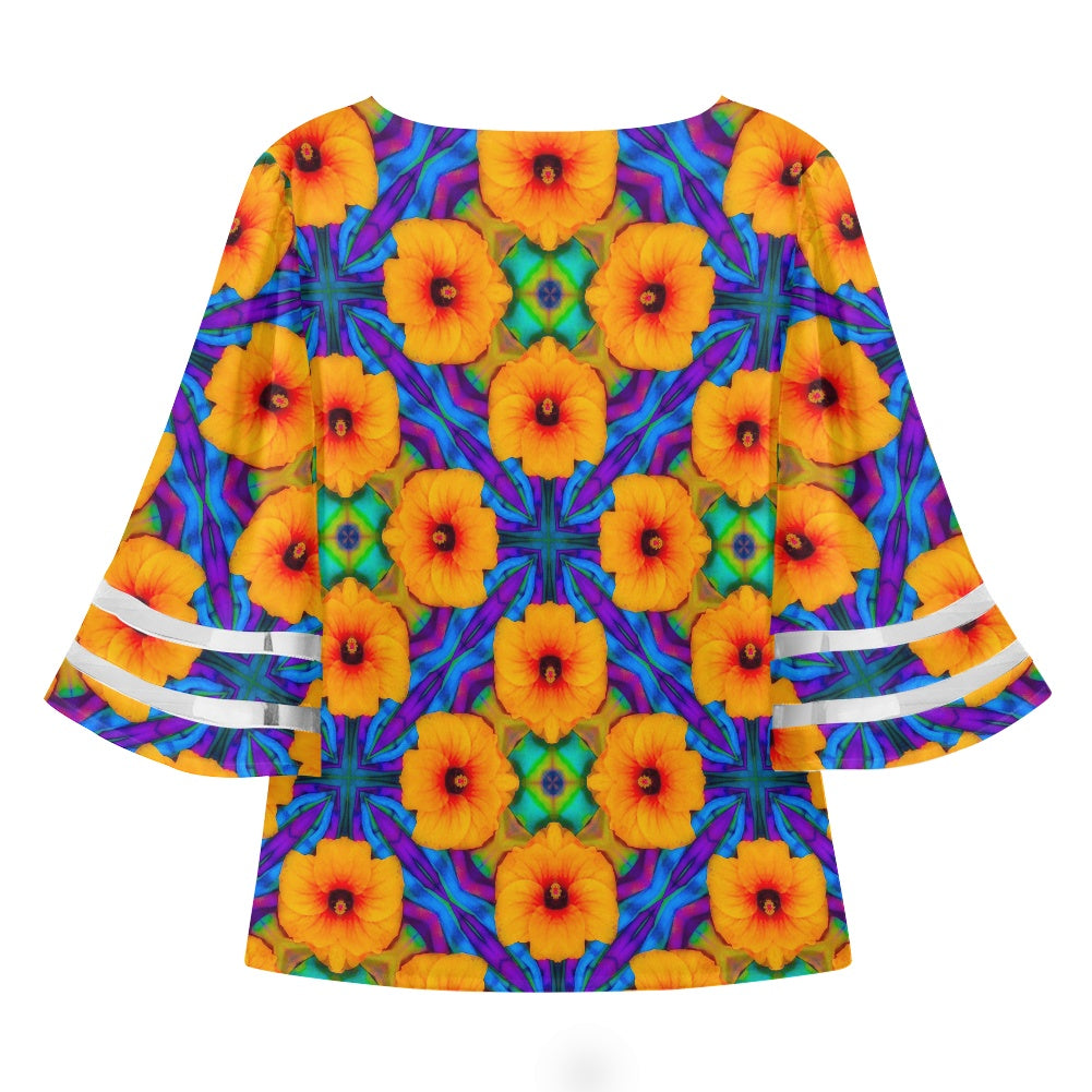 Hibiscus Array Women Puff Sleeve Blouse