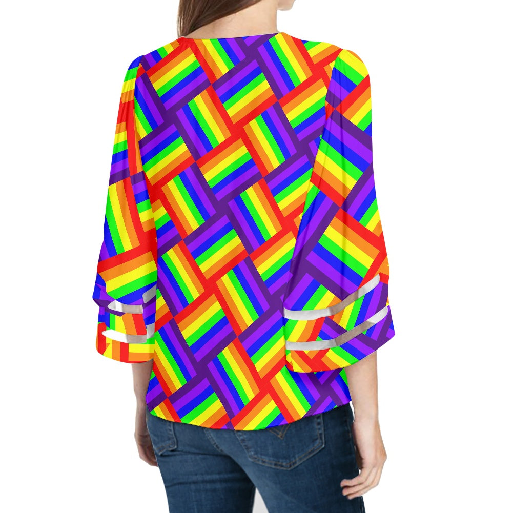 Rainbow Weave Women Puff Sleeve Blouse