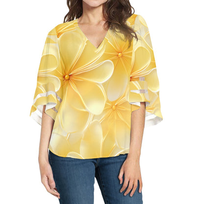 Gold Plumeria Women Puff Sleeve Blouse white