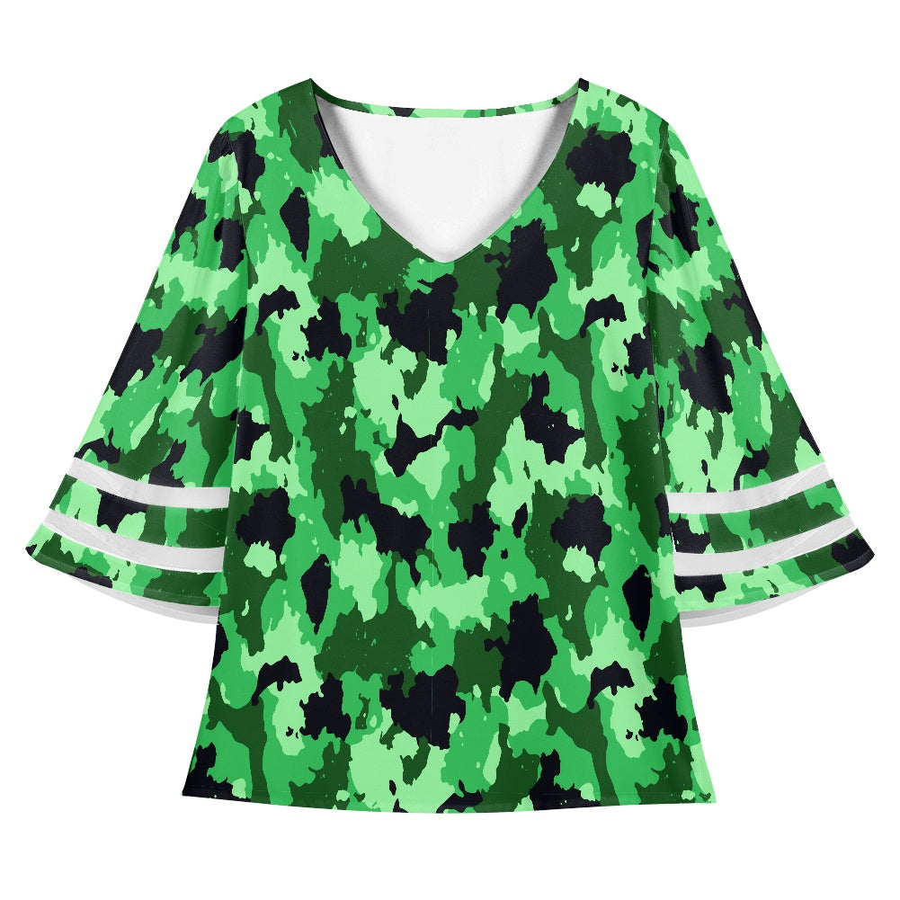 Green Camo Women Puff Sleeve Blouse