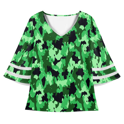Green Camo Women Puff Sleeve Blouse