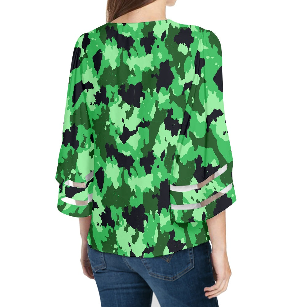 Green Camo Women Puff Sleeve Blouse