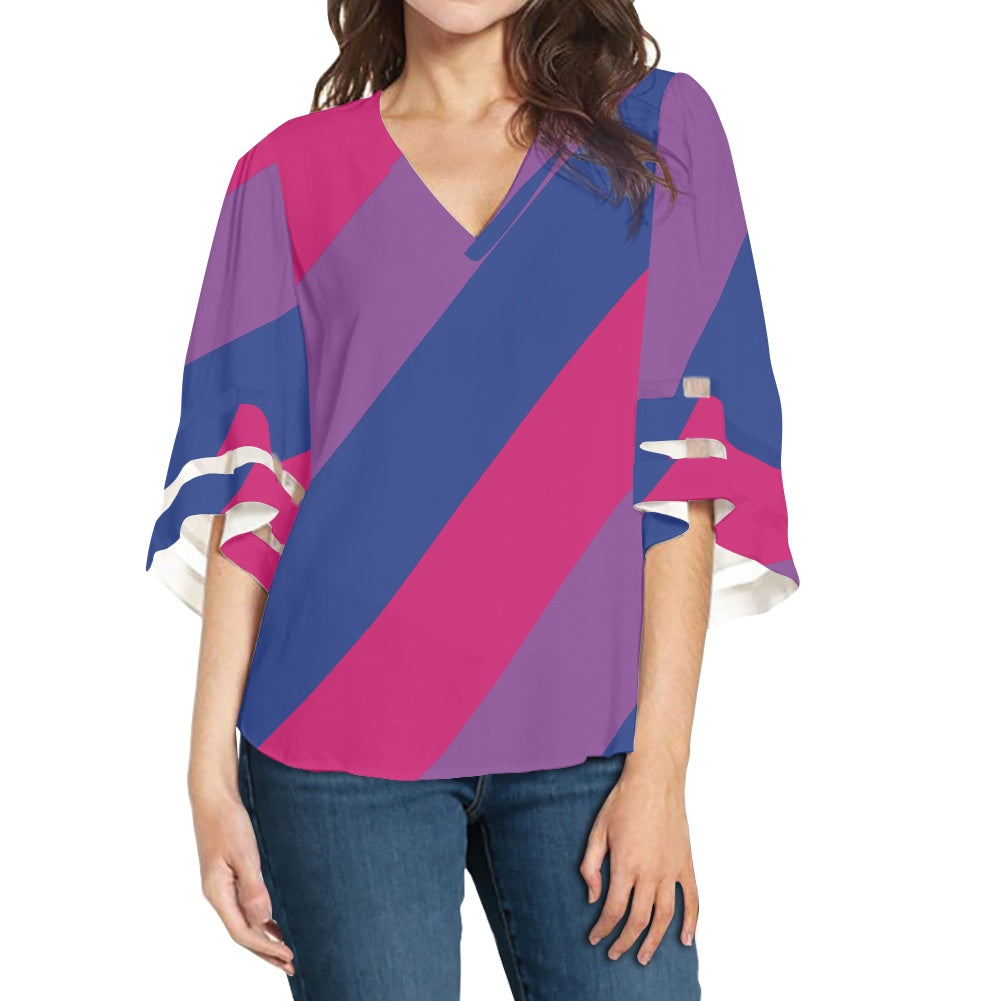 Bisexual Stripes Women Puff Sleeve Blouse white