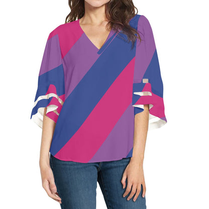 Bisexual Stripes Women Puff Sleeve Blouse white