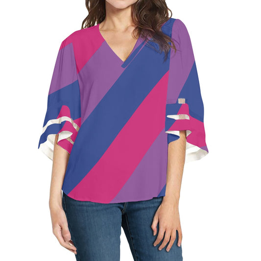 Bisexual Stripes Women Puff Sleeve Blouse white