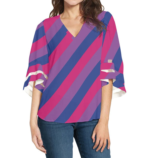 Stripes Purple Women Puff Sleeve Blouse white