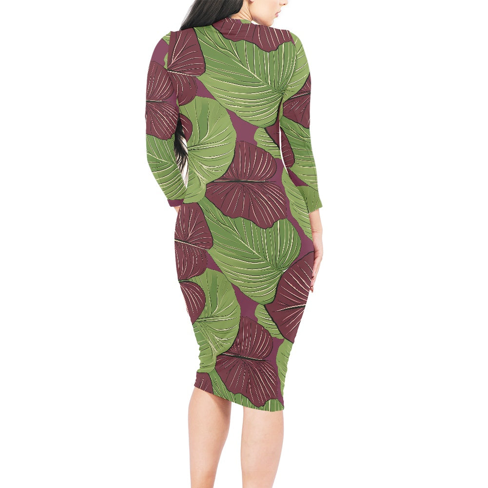 Kalo on Maroon All-Over Print Women's Long Sleeve Midi Dress