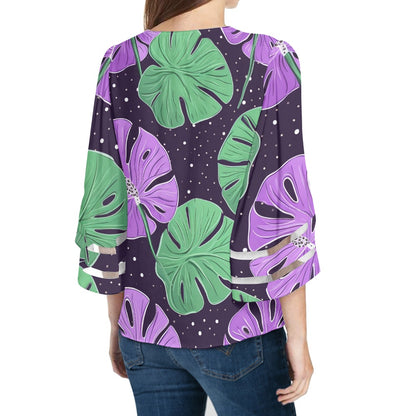 Pink and Green Monstera Women Puff Sleeve Blouse