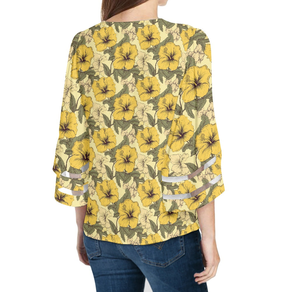 Yellow Hibiscus Women Puff Sleeve Blouse