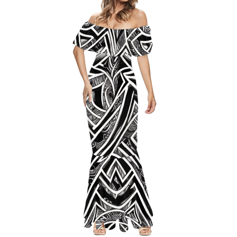 Polynesian Off Shoulder Fishtail Dress Up to 7XL white