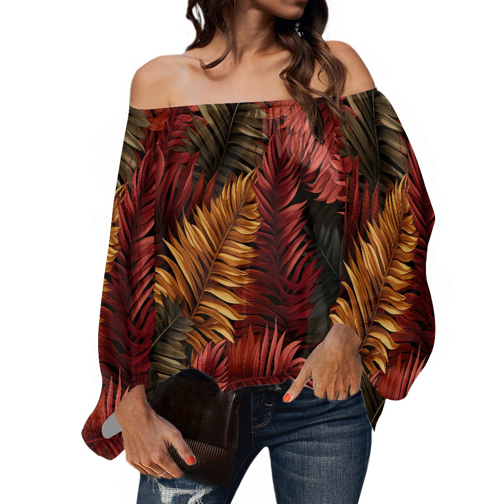 Red and Gold Off-Shouldered Chiffon Blouse