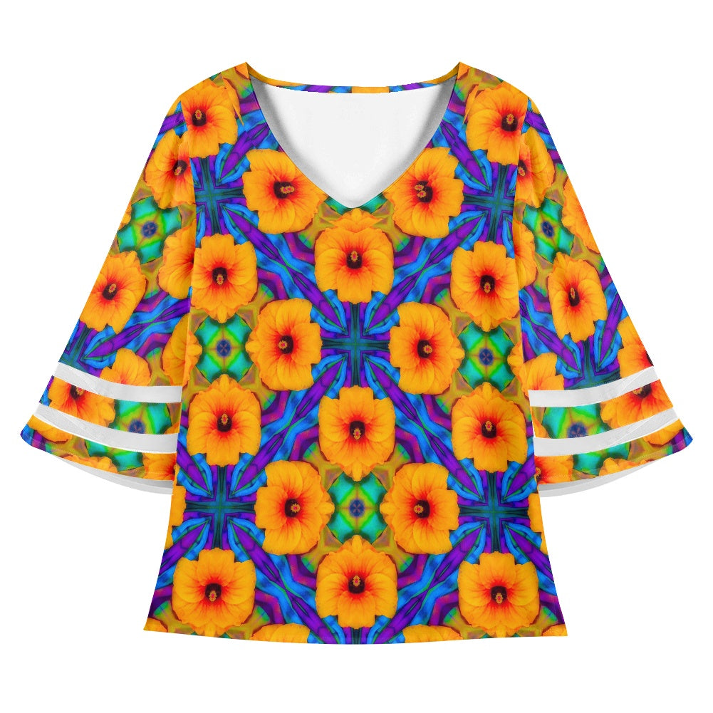 Hibiscus Array Women Puff Sleeve Blouse
