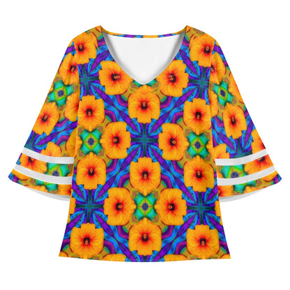 Hibiscus Array Women Puff Sleeve Blouse