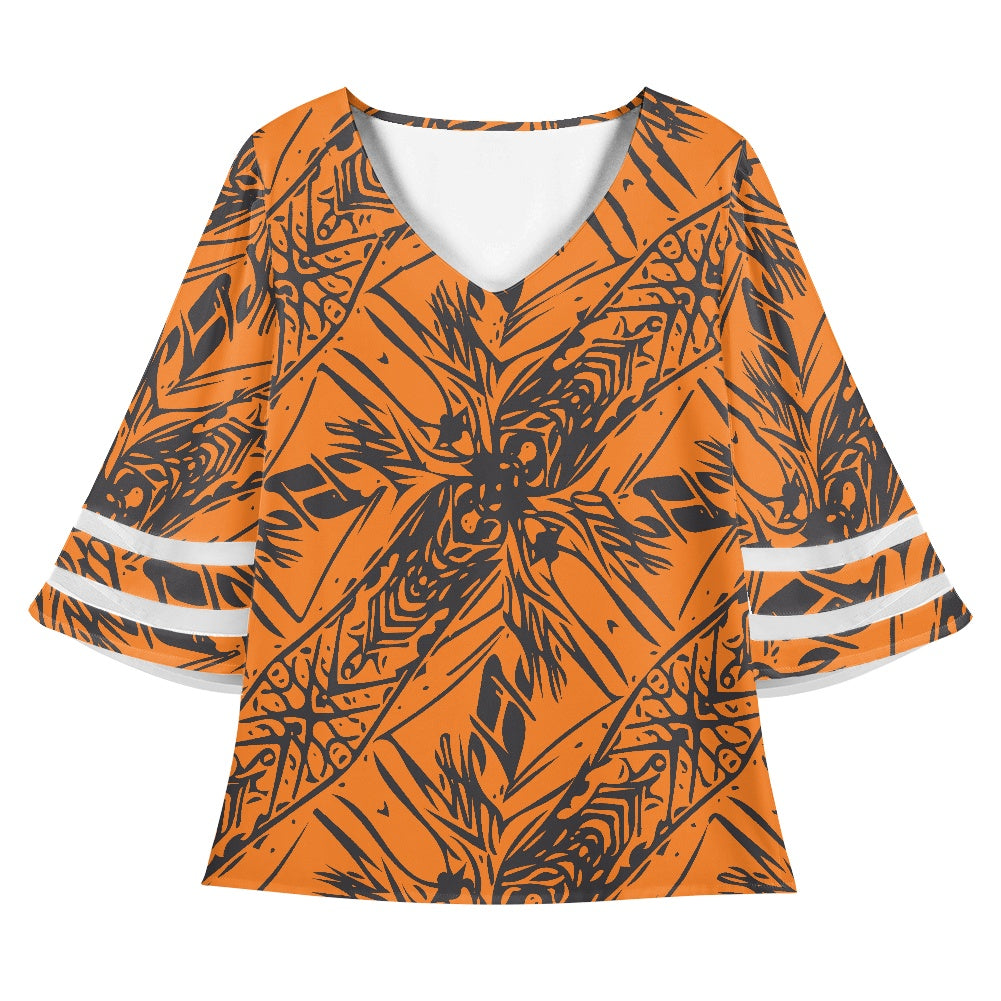 Orange and Black Women Puff Sleeve Blouse
