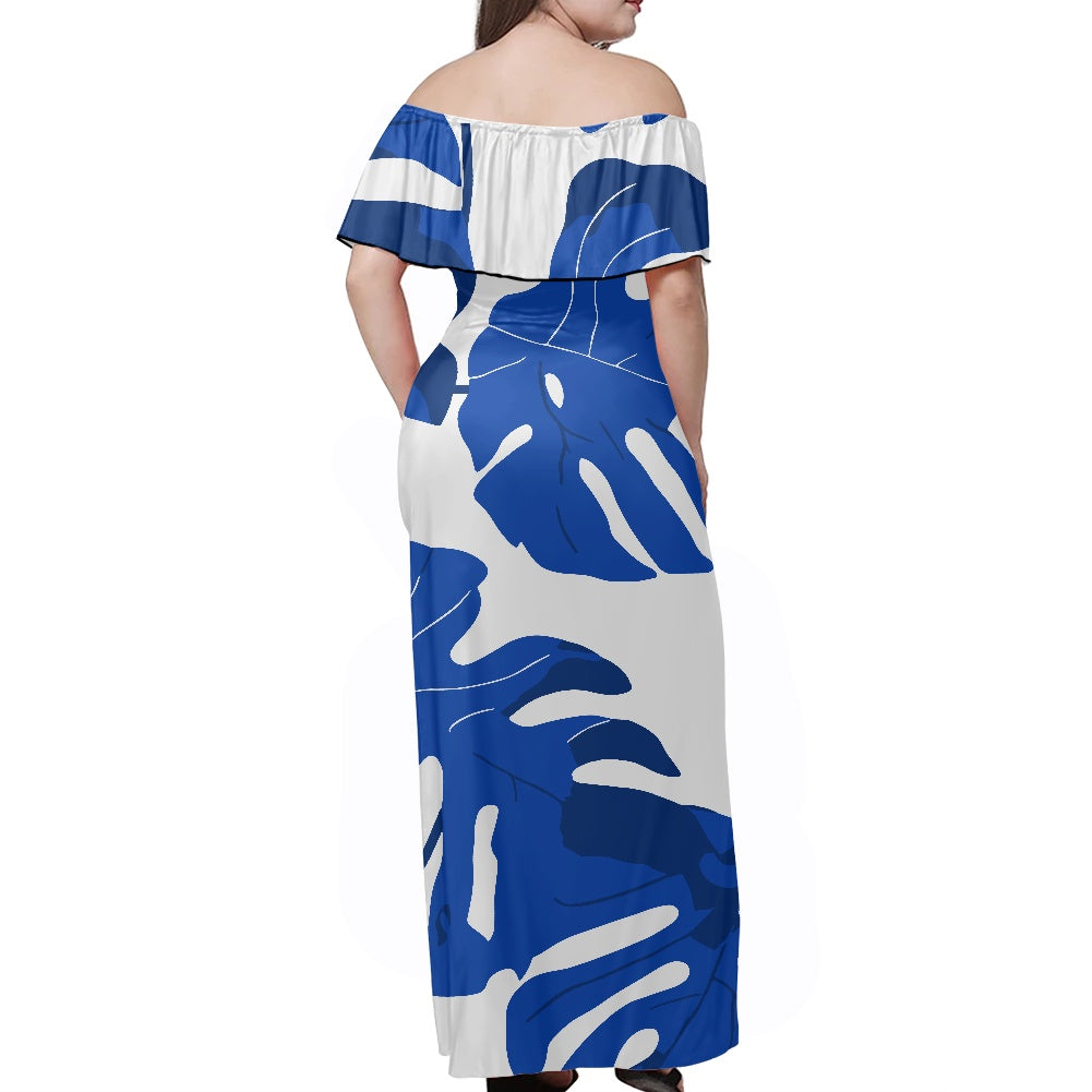 Elegant Off-Shoulder Maxi Dress, Blue White Tropical Pattern, Summer Evening Wear, Luxtrini Fashion, Women's Flowy Long Dress