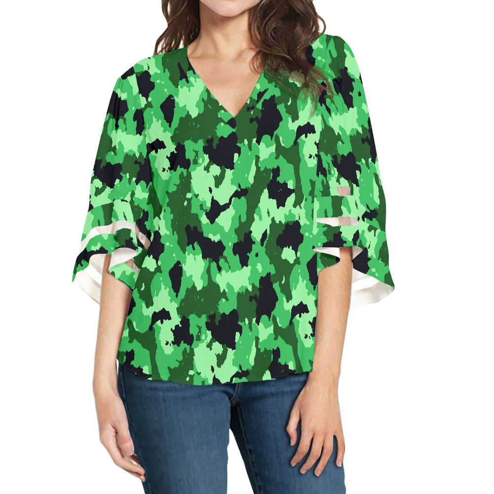 Green Camo Women Puff Sleeve Blouse white