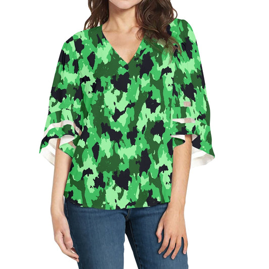 Green Camo Women Puff Sleeve Blouse white