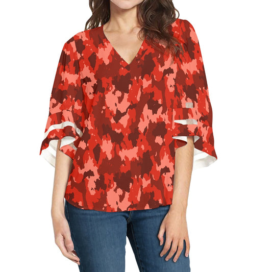 Red Camo Women Puff Sleeve Blouse white