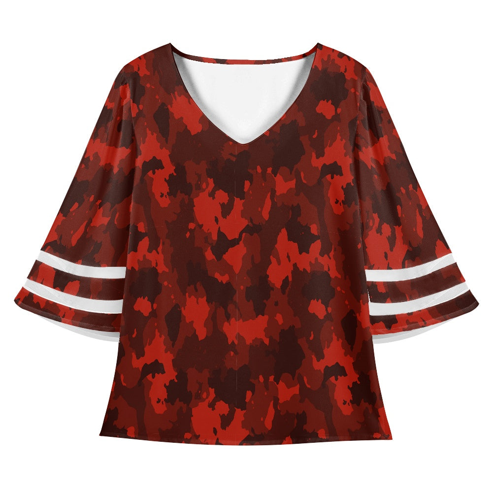 Red Camo Women Puff Sleeve Blouse