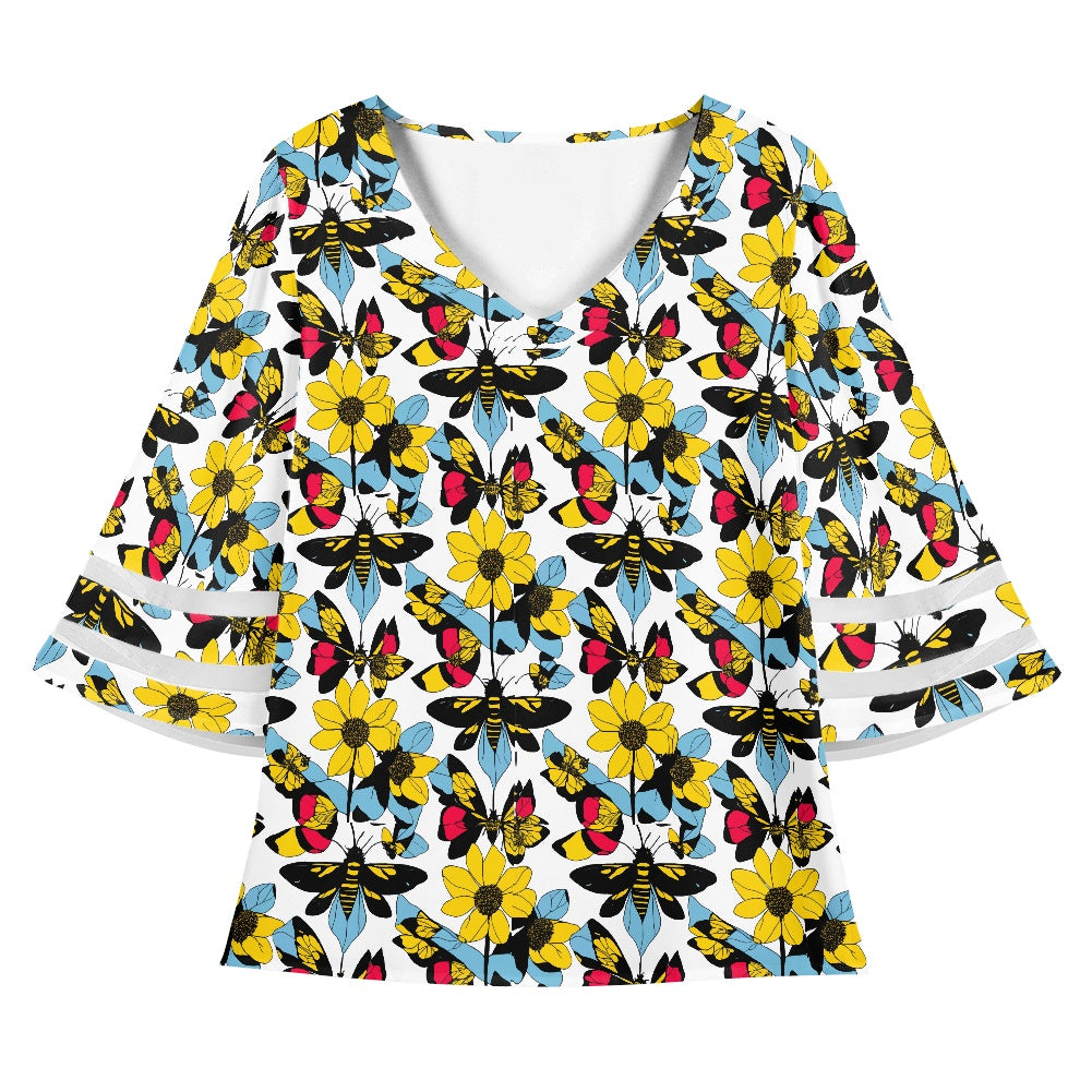 Bees and Butterflies Women Puff Sleeve Blouse