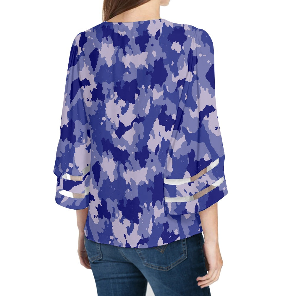 Blue Camo Women Puff Sleeve Blouse