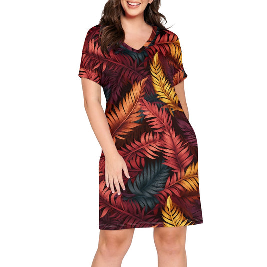 Red and Gold Fern Short Sleeve Dress white