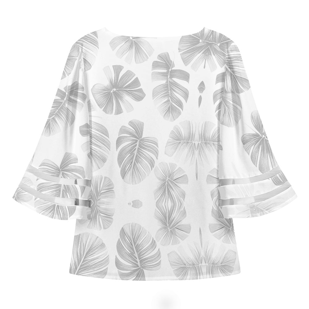 White Monstera Women Puff Sleeve Blouse