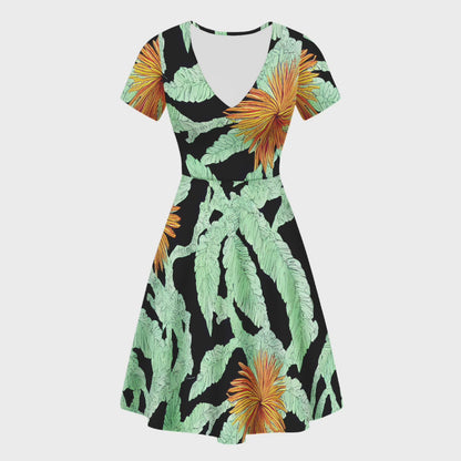 Palm Fronds V-Neck Women Ruffle Bottom Dress